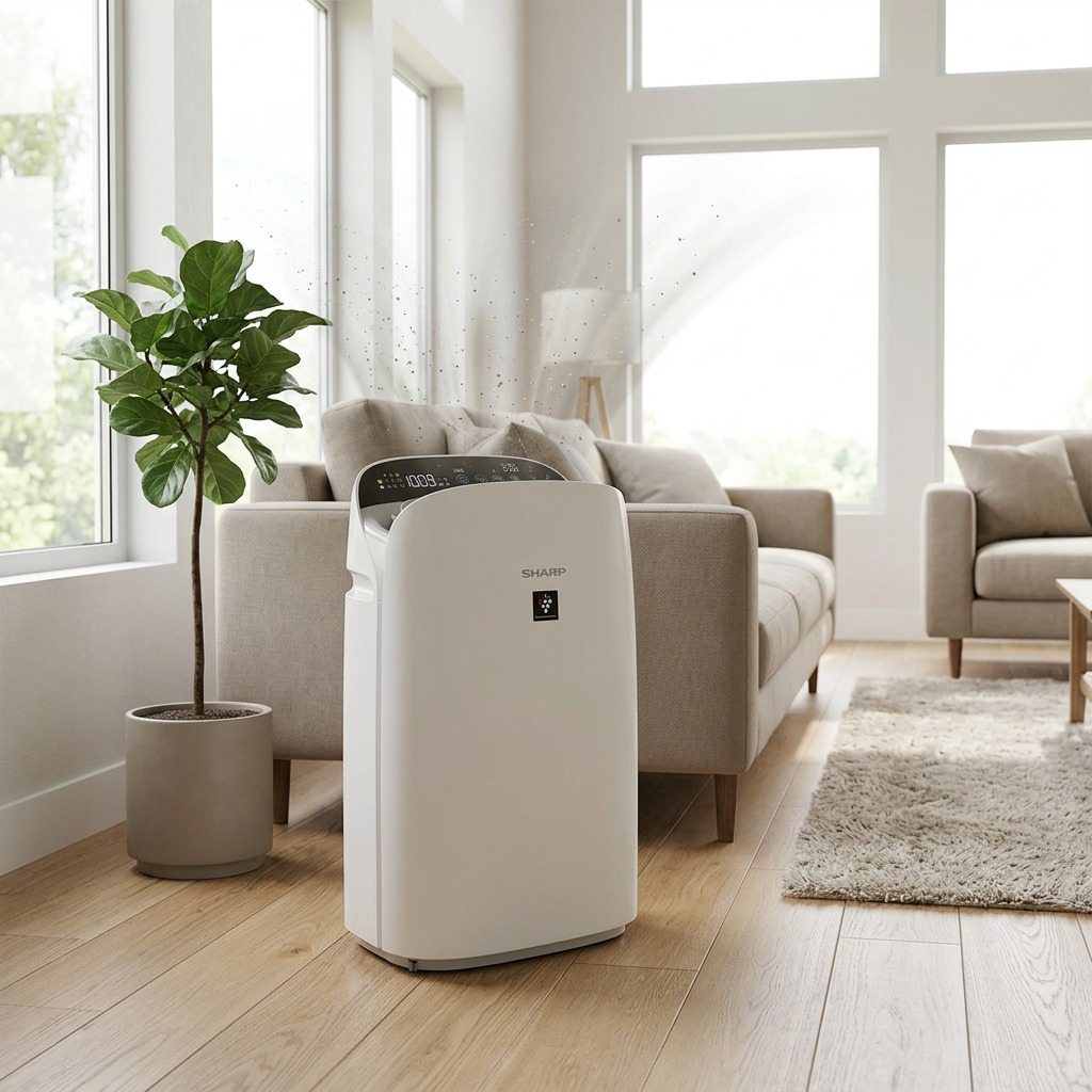 A lifestyle photo of the SHARP KCP70CW Plasmacluster Air Purifier and Humidifier on a wooden living room floor.