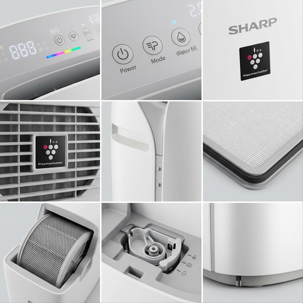 Macro photo of KCP70CW interface showing Plasmacluster Ionizer and smart icons.