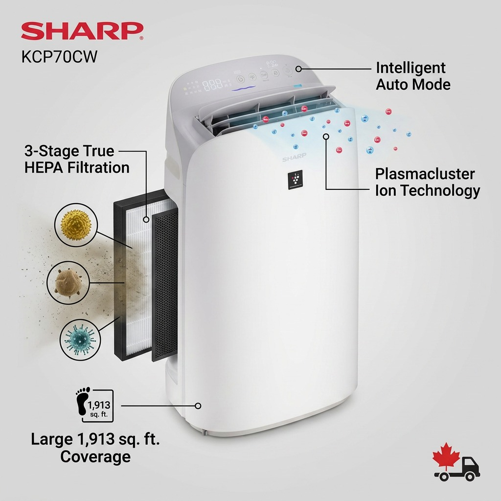 Sharp KCP70CW air purifier callout graphic detailing its three-stage filter, large performance, and smart controls.
