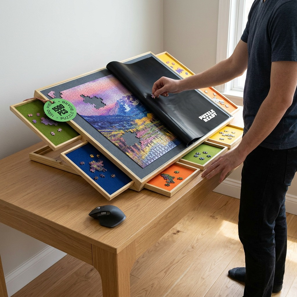 Scaled image - a 1500-piece puzzle board compared to a standard ergonomic keyboard.