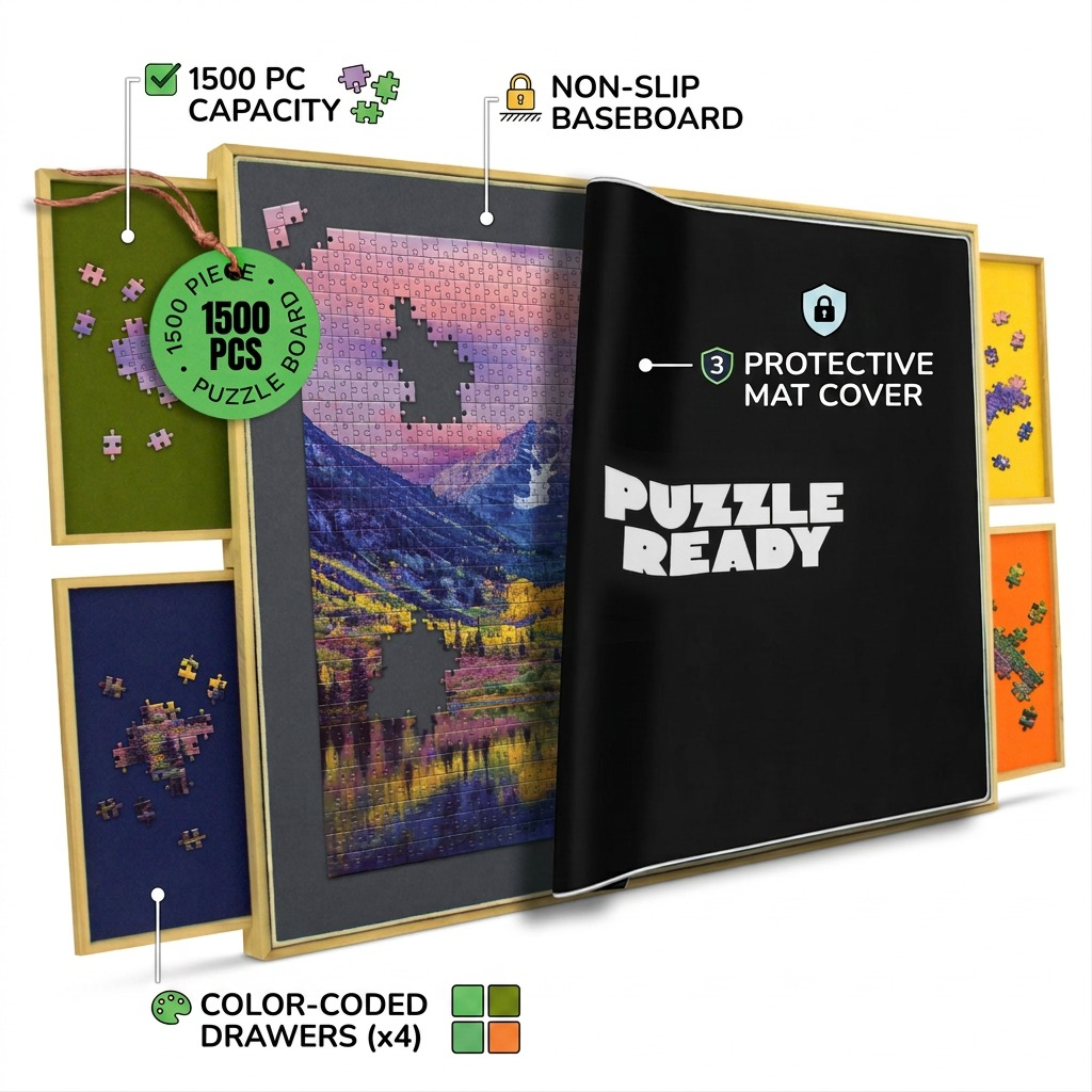 An ecommerce infographic highlighting features for the 1500-piece Puzzle Ready board. Includes labeled pointer lines for the protective cover, non-slip baseboard, and drawers.