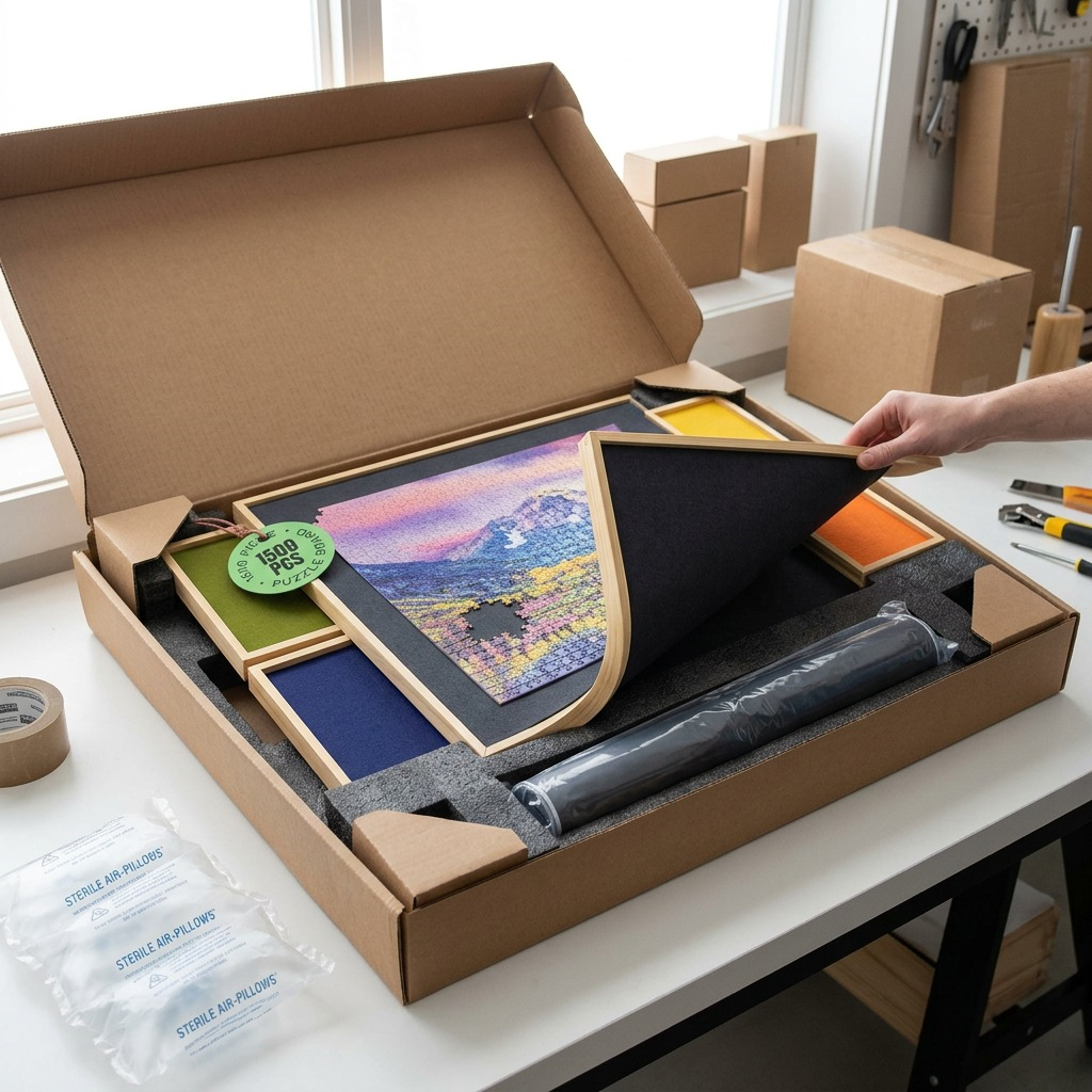 Pristine Puzzle Ready board with protective foam corner guards, revealed inside a padded shipping box.
