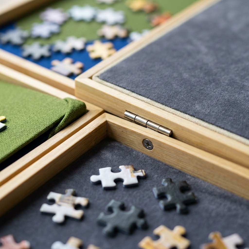 Extreme macro view of the 1500-piece puzzle board with linen-textured sorting trays and velvet surface.