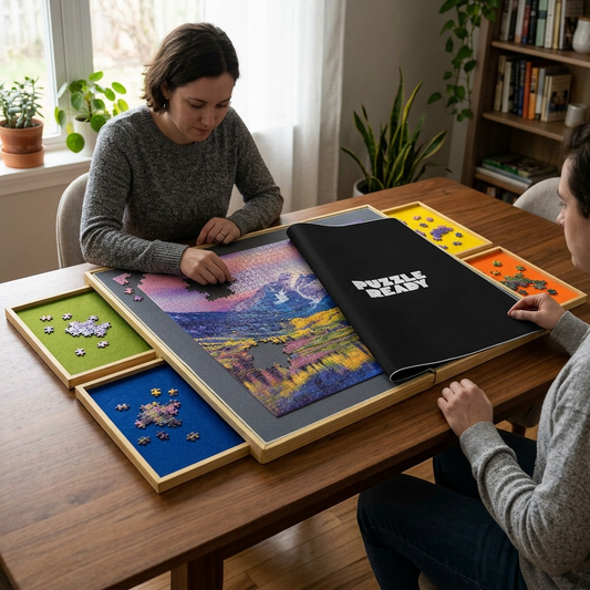 A realistic home scene shows the large-piece puzzle board with four colorful drawers being worked on by two people.
