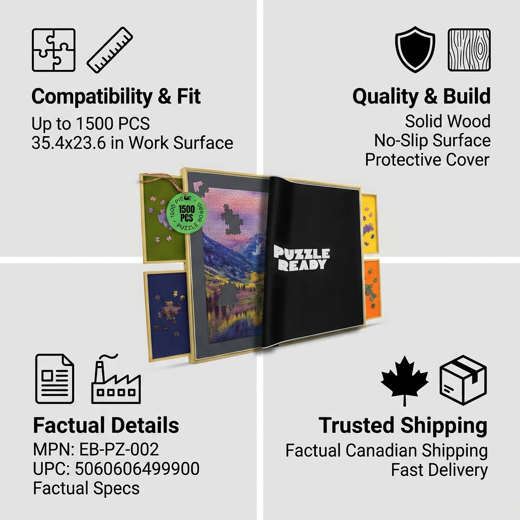 E-commerce matrix for Puzzle Ready board: fits 1500 pcs, solid wood build, factual details, and fast Canadian shipping.