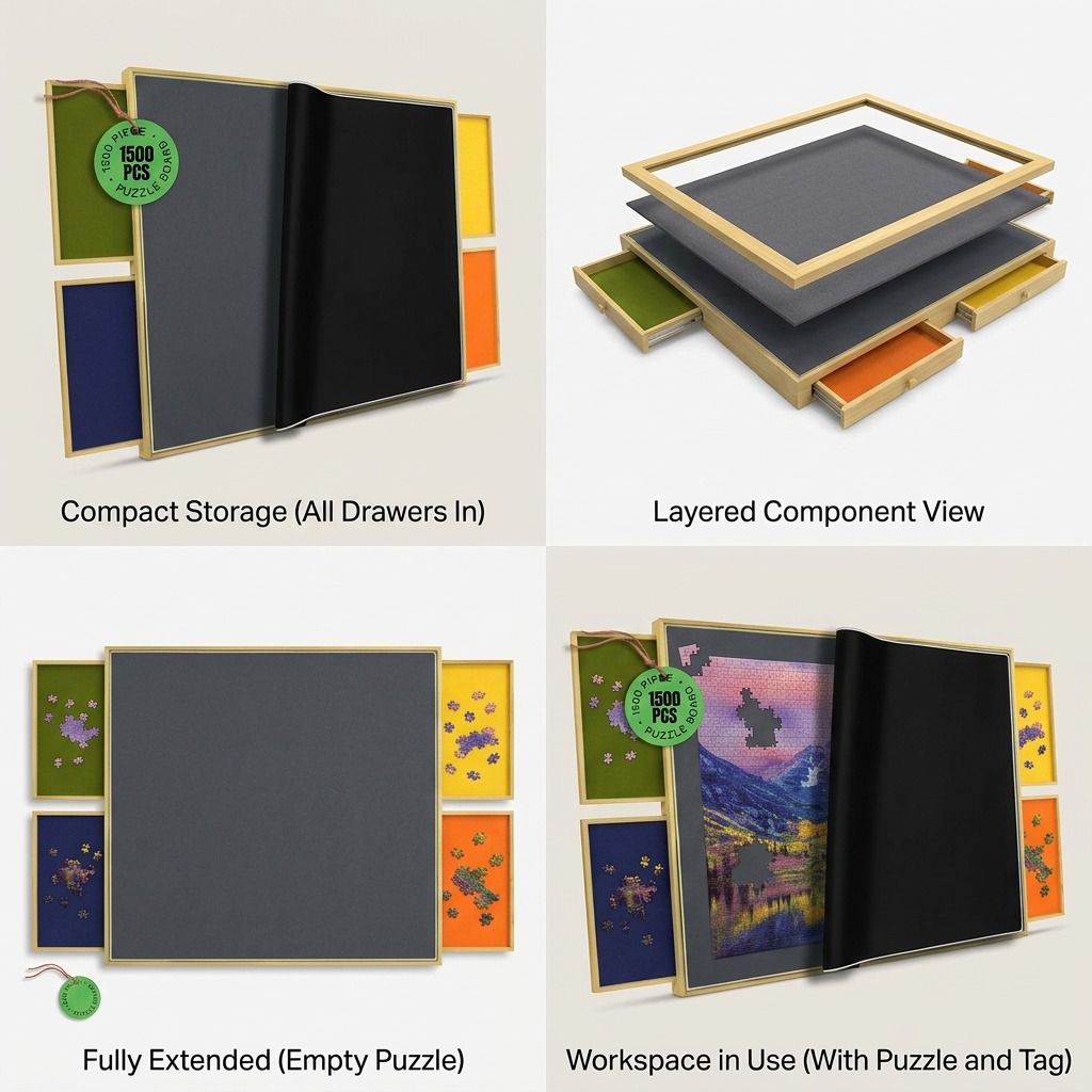 A PDP visual variant matrix for image_0.png, showcasing different product angles and uses, with and without a puzzle, cover, and tag.