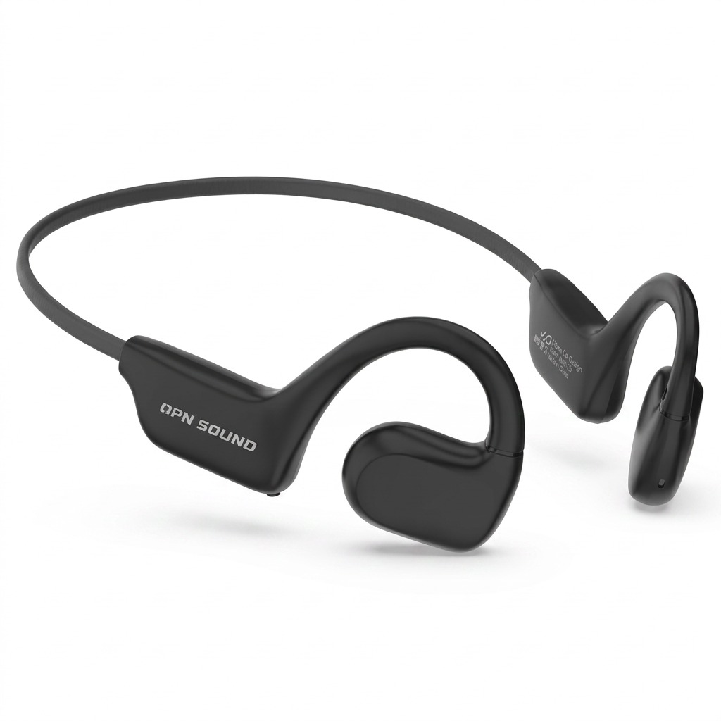 A crisp, pure ecommerce hero shot of black OPN Sound bone conduction headphones on a white background.