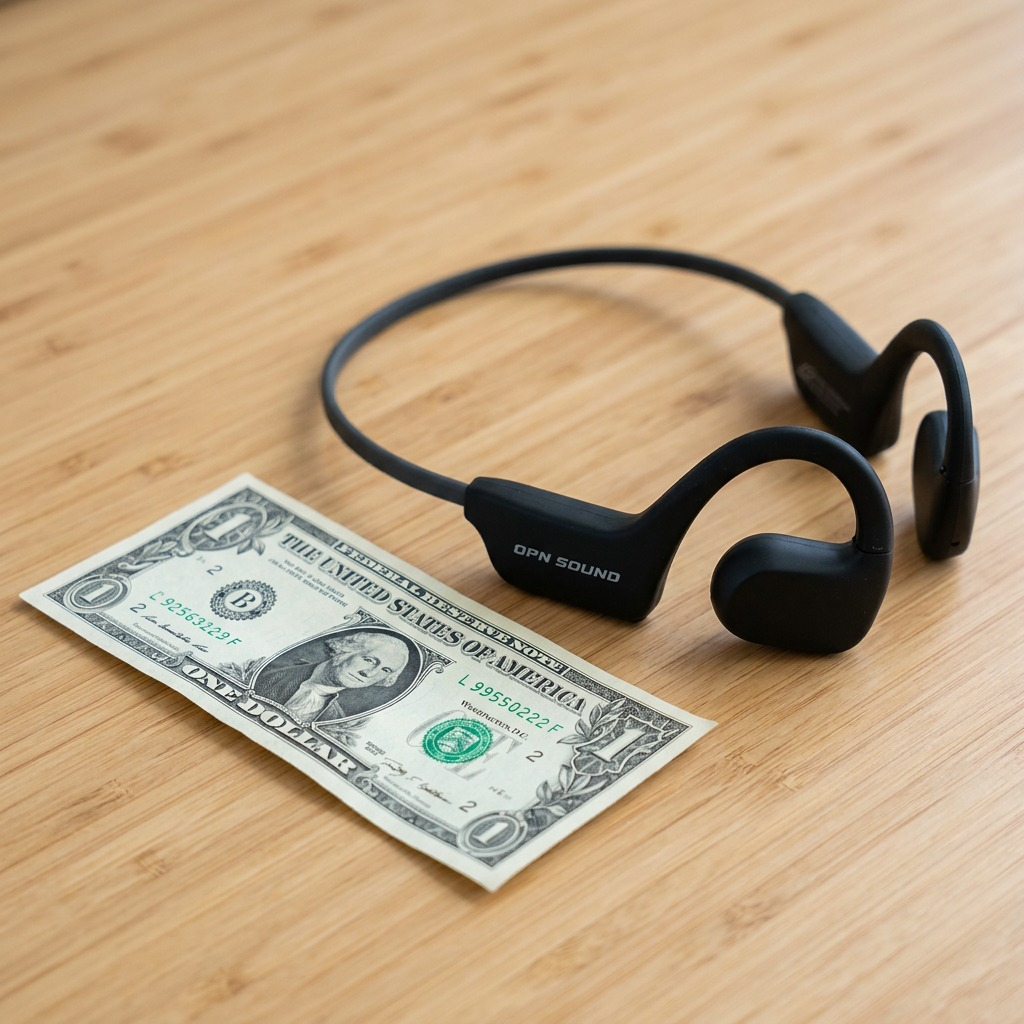 A scale reference image showing the OPN Sound Aperto headphones next to a standard dollar bill.
