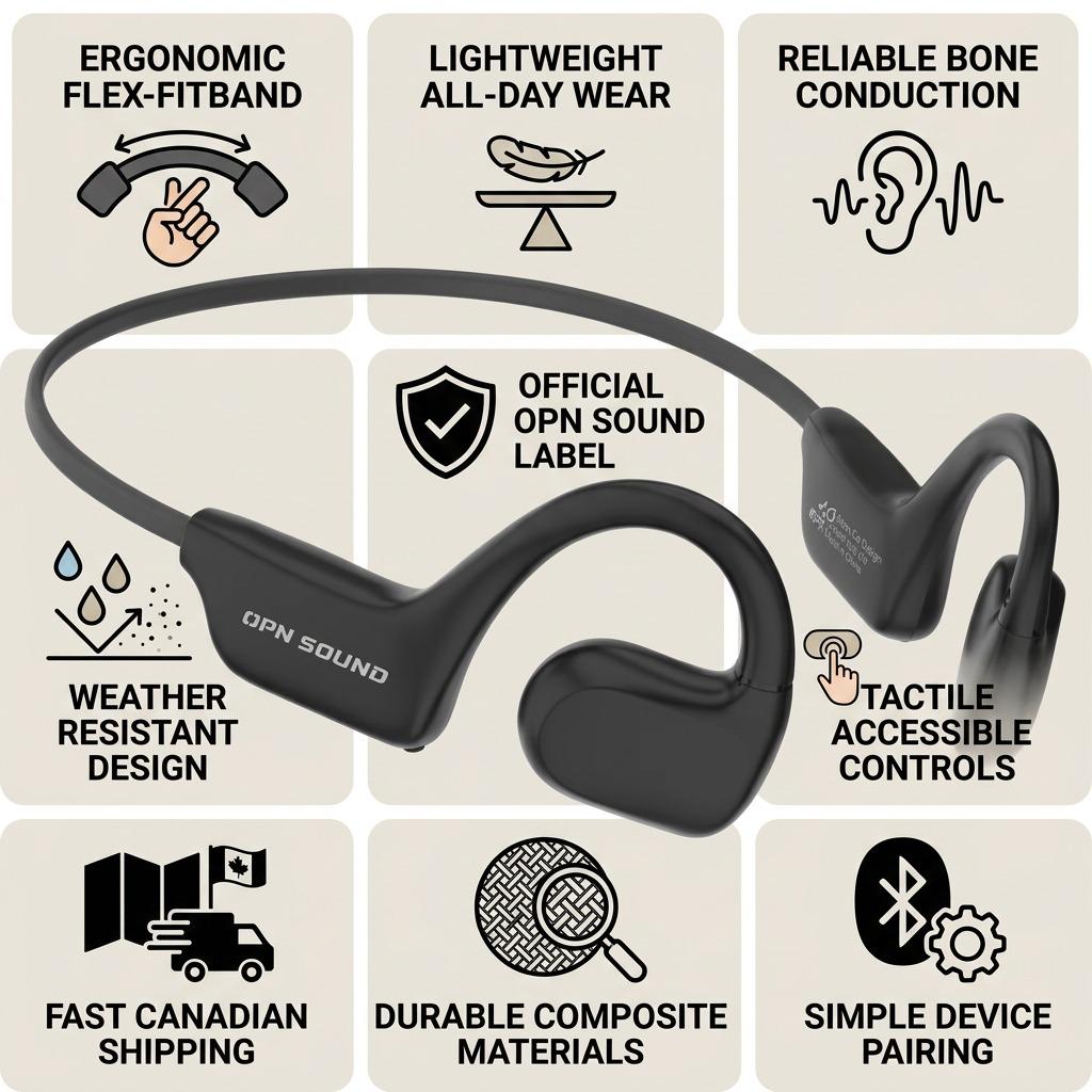 Trust and authority infographic for OPN Sound Aperto headphones with 9 quadrants focused on factual product details and Canadian shipping.