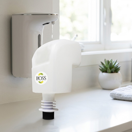 BiOSS 850ml hand sanitizer refill pouch next to a white automatic dispenser in a bright room.