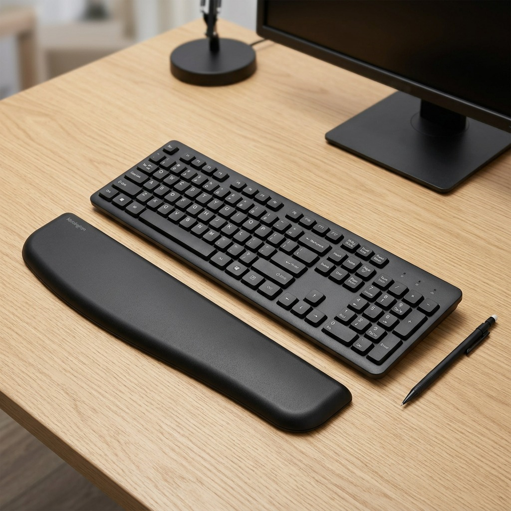 Kensington Ergosoft Full Slim Wrist Rest shown alongside a standard keyboard on a wooden desk.