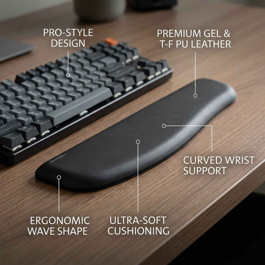Kensington ErgoSoft Slim Wrist Rest at a wooden desk with labels for gel padding and wave shape.