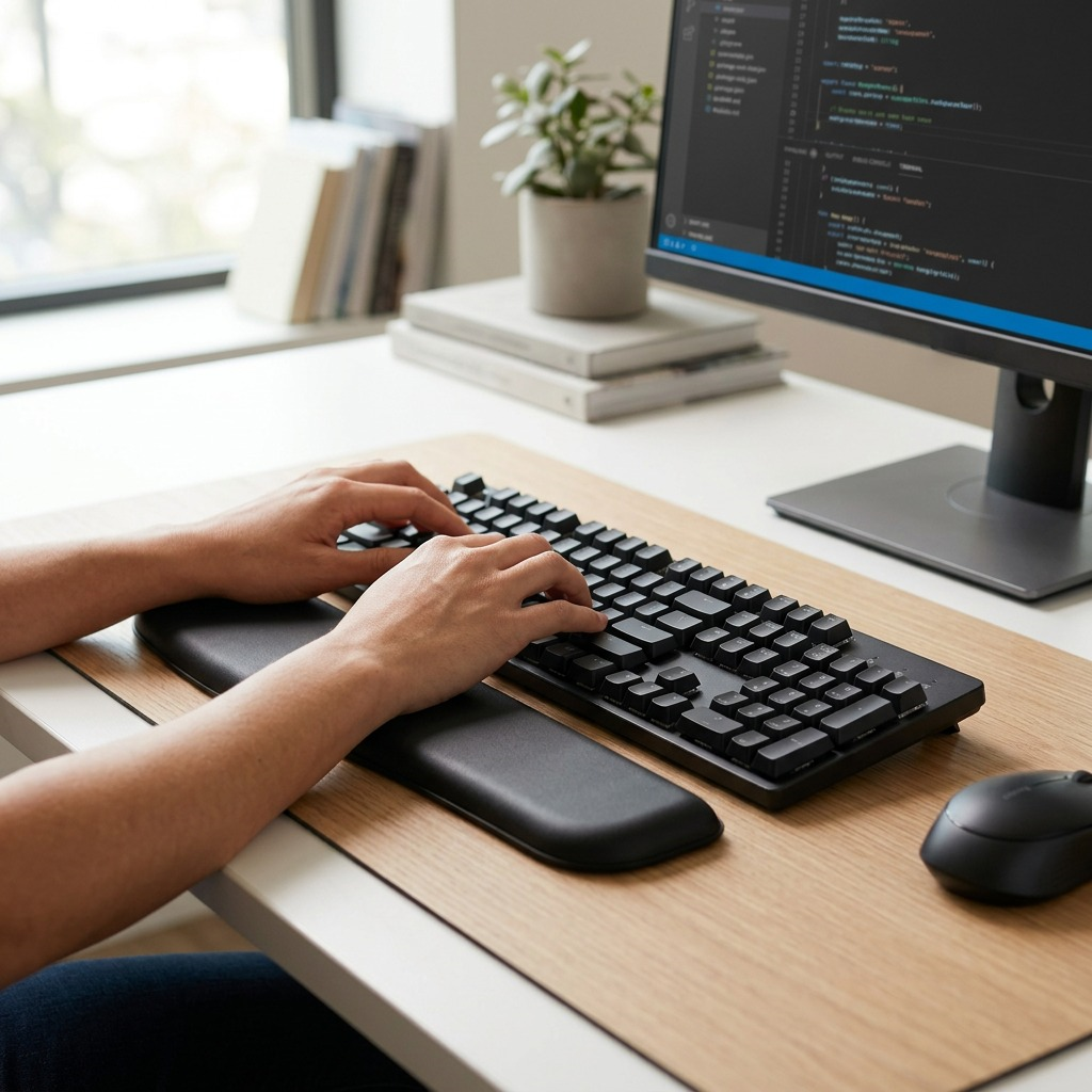 Kensington Ergosoft slim wrist rest in a black faux leather finish used with a desktop keyboard.