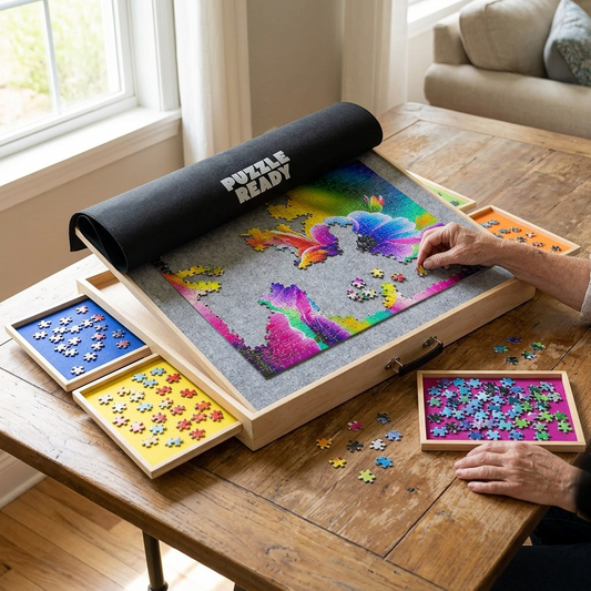 The Puzzle Ready puzzle board in use on a tabletop, with the protective cover mat rolled back, four color-coded sorting drawers filled with pieces, and hands assembling a colorful puzzle.