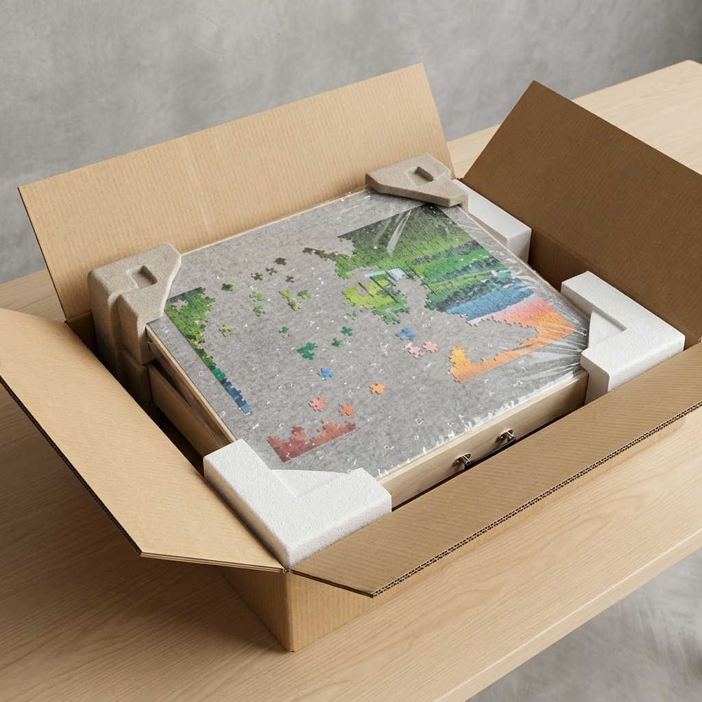 Puzzle board in shipping box, protected by packing foam corners and plastic wrap.