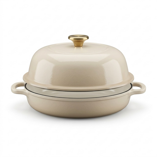 Tramontina 9.5 inch enamel cast iron bread oven in Latte with a gold knob on a white background.