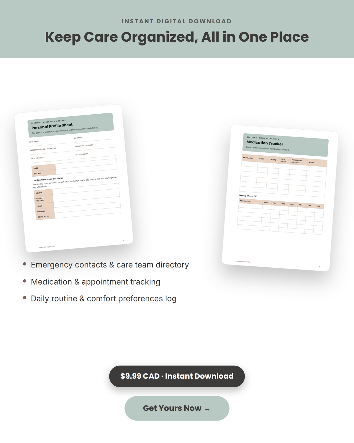 Caregiver's Home & Comfort Binder pages shown: Personal Profile Sheet and Medication Tracker - Keep Care Organized