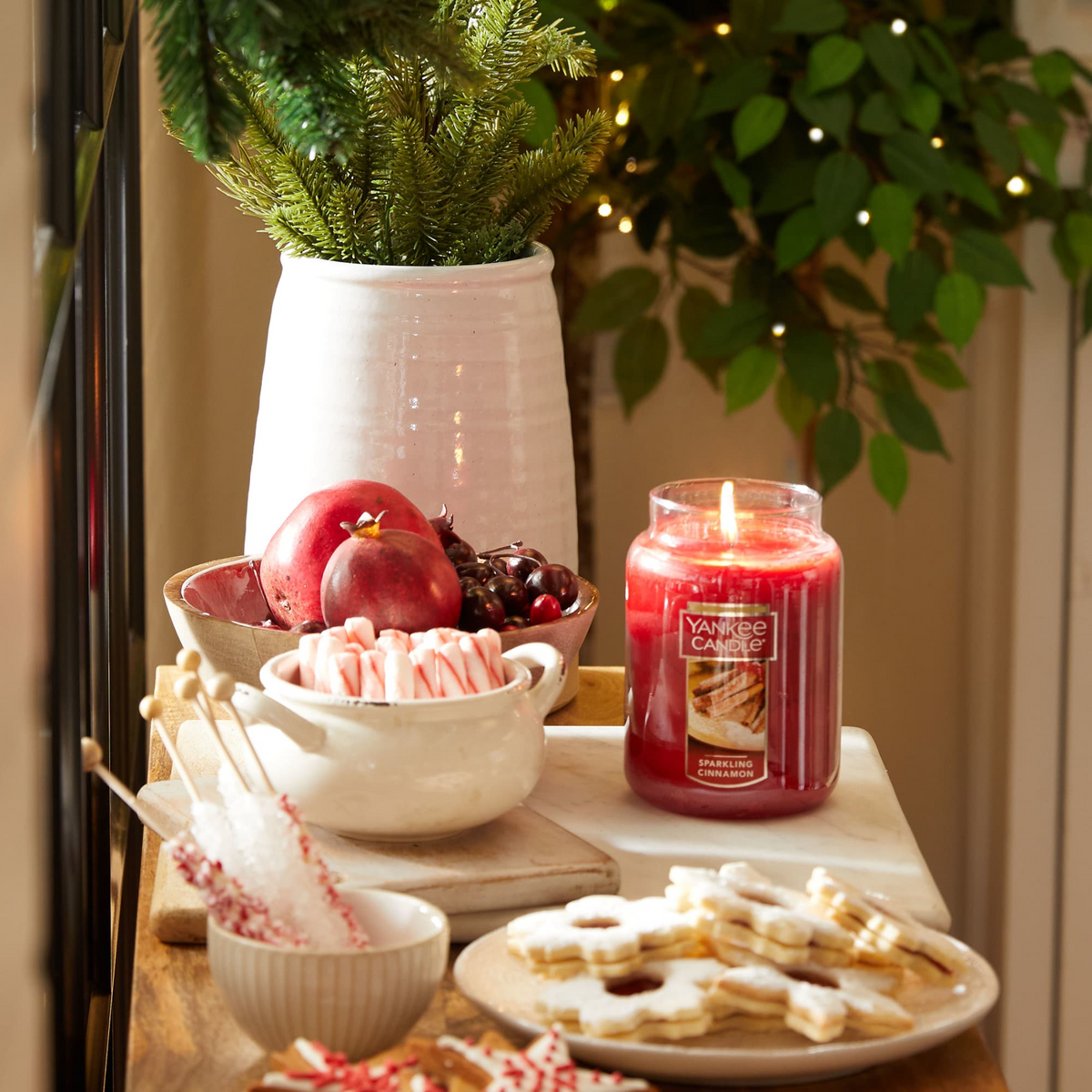 Yankee Candle Sparkling Cinnamon Large Jar in a holiday setting