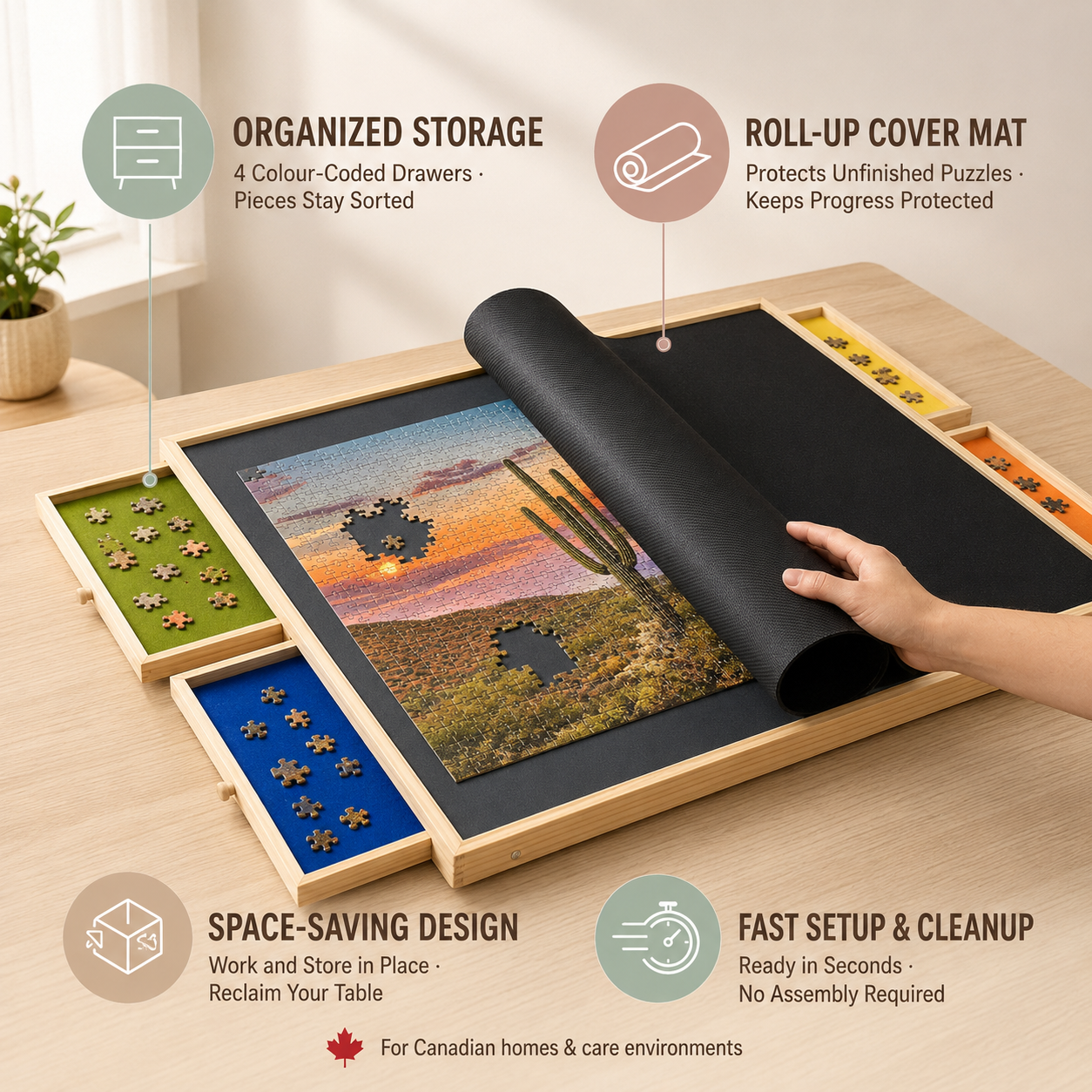 Puzzle Ready 1000-Piece Puzzle Board - Wooden Organizer with Drawers and Cover